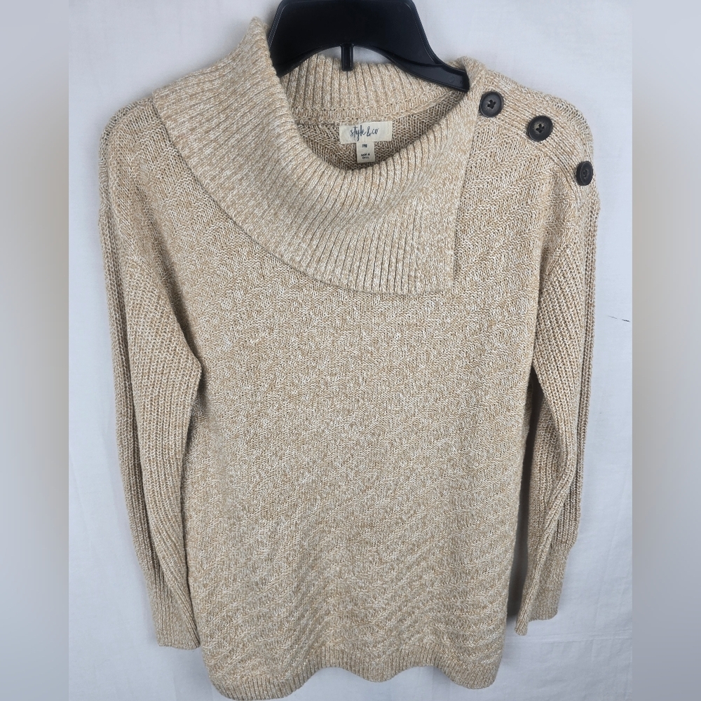 Style & Co Cozy Tan Sweater with Cowl Neck Long Sleeve Button Detail Sz PM